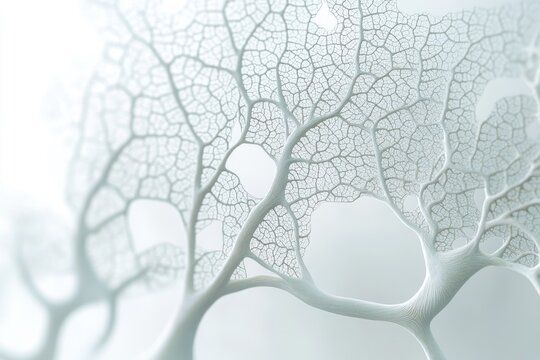 Intricate, white fractal resembling a leaf's vein network, showing organic complexity and delicate structure.