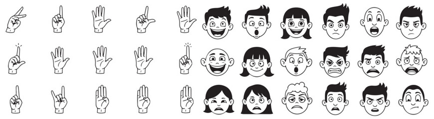 Hand gestures and facial expressions illustration set isolated on a white background