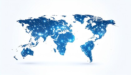 Global technology network map with glowing blue interconnected points, representing worldwide digital communication, data, and internet connectivity