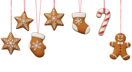 Brown gingerbread Christmas ornaments (star, mitten, smiling man) with white royal icing, red strings, against a transparent background with copy space. Festive holiday concept