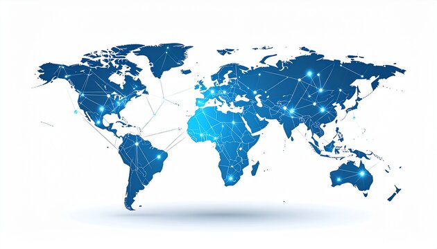 Digital global network map with shining connections, representing worldwide communication and internet technology