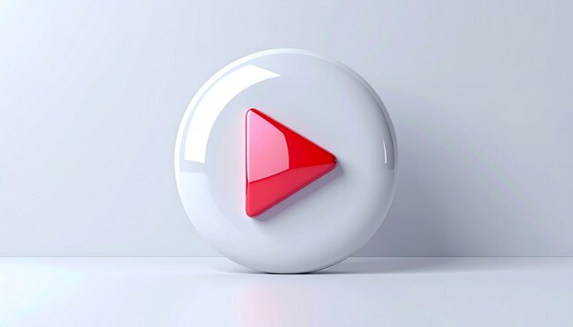 Glossy white 3D play button with shiny red arrow icon on a clean light background, representing video streaming, online media, and start.