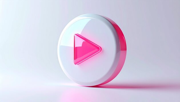Modern 3D glossy pink and white play button icon. Vivid multimedia start symbol for digital interface and content playback.