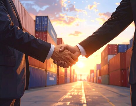 Business Handshake at Sunset - Global Trade Agreement with Shipping Containers.