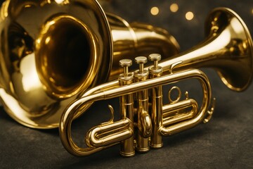 Close-up of a shiny brass trumpet placed on a dark textured surface, realistic photography style, blurred lights in the background, concept of music