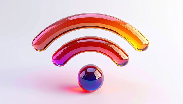 Vibrant 3D Glossy WiFi Symbol with Colorful Gradient Reflections, Modern Wireless Internet Connectivity, Digital Communication & Data Transfer.