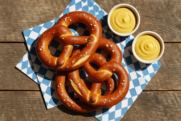 Three salted soft pretzels with two cups of mustard served on a blue Bavarian napkin on rustic wood. Concept of Oktoberfest snack