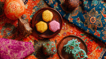 a beautiful arrangement of traditional southeast asian sweets, or kuih, on wooden plates, set against a background of intricate and colorful batik fabric