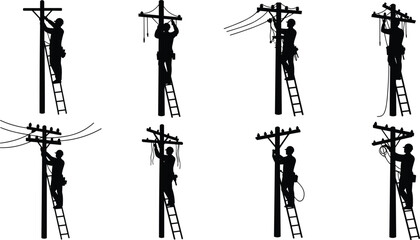 Silhouette of utility workers, electrical line maintenance, power pole repair, energy infrastructure, telecommunication service, safety equipment, skilled  © Mst