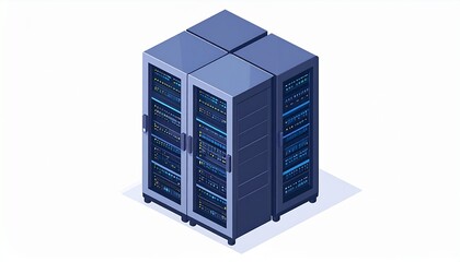 Isometric server racks, data center infrastructure for cloud computing, network technology, and digital information management.