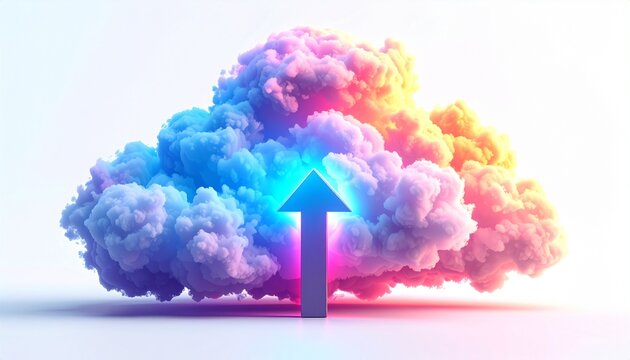 Vibrant multicolored cloud with glowing arrow pointing up, symbolizing cloud computing, data upload, digital growth, and technology concept.