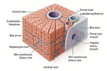 Anatomical illustration of a liver lobule showing a central vein, hepatic artery branch, portal vein branch, bile duct, and hepatocytes.