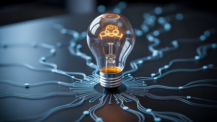 Futuristic Digital Illustration of Glowing Light Bulb with Orange Filament and Blue Neural Circuitry on Dark Background