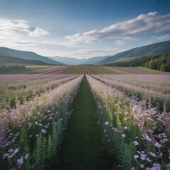 Lavender flower field with mountains in natural landscape scenery illustration for nature design, outdoor wallpaper and peaceful inspiration Generative Ai
