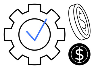 Obraz premium Gear with blue checkmark and coins illustrates teamwork, optimization, progress, financial planning, goal achievement, productivity. Ideal for business, economy, strategy operation finance