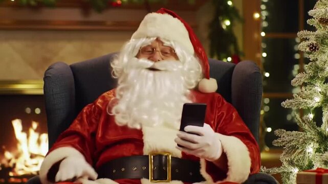 Santa Claus Relaxing by Fireplace Using Smartphone, Christmas Time
