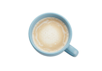 Light blue coffee mug with latte isolated on transparent background, top view of foamy cappuccino for breakfast or cafe