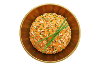 Cheese ball with walnuts and chives in a golden bowl isolated, appetizer for holiday entertaining and party snacks