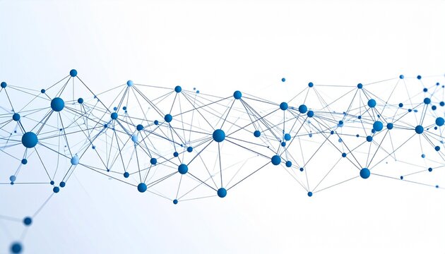Abstract network of interconnected blue spheres and lines on a white background, representing data, technology, science, and global connection.
