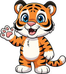 Cartoon tiger cub, orange fur, black stripes, waving hand, blue eyes, smiling face, children character, jungle animal, vector art, playful pose