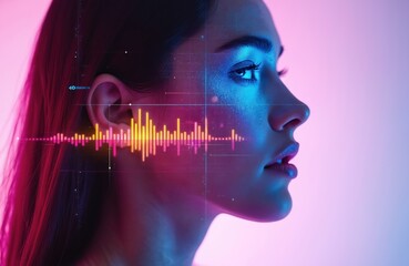 Woman ear and face with glowing neon sound wave overlay. Digital interface data visualization connects with human senses. Futuristic technology concept.