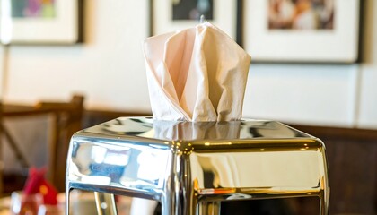 Metal napkin holder with white napkins on a table in a blurred restaurant setting