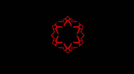 Red geometric star-like design with intricate details centered on a black background.