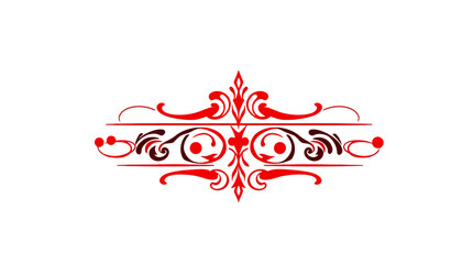 Intricate red and black ornamental design element, symmetrical and decorative, against a white background.