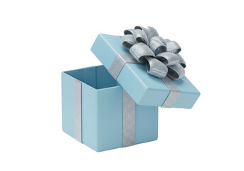 Light blue gift box with silver ribbon and bow isolated PNG, present for birthday or Christmas celebration on transparent background