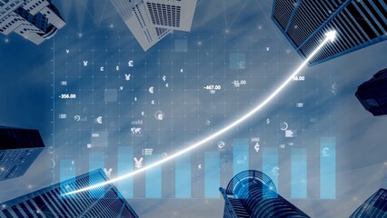 Stunning aerial view of skyscrapers with digital finance data showcasing a growing trend line, representing economic growth and market dynamics in a modern urban landscape. Copula