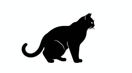 Silhouette of a black cat sitting and looking upwards, isolated on white background.