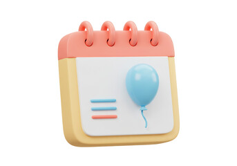 Pastel calendar with balloon isolated PNG, 3D rendering of event reminder for birthday party and special occasion planning