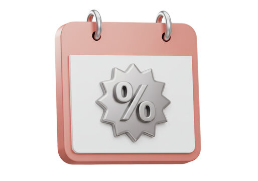 Pink calendar with silver percentage sign isolated PNG, discount promotion reminder for sales and special offers