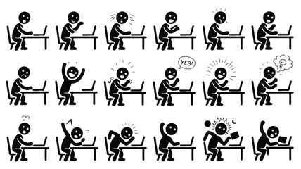 Diverse human emotions displayed while using laptops stick figure black and white