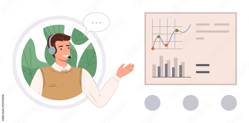Poster professional in a headset gesturing towards a data chart with graphs and bars. ideal for customer su