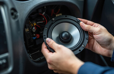 Technician installs new round speaker into car door panel. Man holds audio equipment for vehicle sound system upgrade. Wiring and electronics visible behind panel.