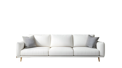 Fototapeta premium Modern Three Seater White Sofa with Patterned Pillows Isolated on Transparent