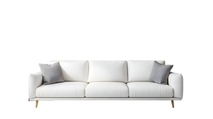 Modern Three Seater White Sofa with Patterned Pillows Isolated on Transparent