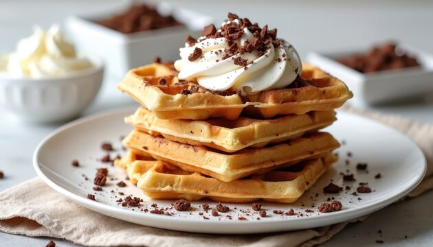 Golden waffles stacked high, topped with fluffy whipped cream and dark chocolate shavings. Served on a white plate with scattered chocolate bits, a delicious sweet treat. - Powered by Adobe