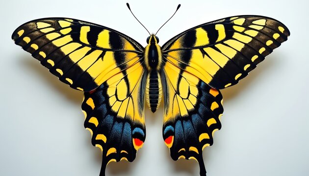 Large yellow butterfly with black stripes and blue markings sits isolated on a clean white surface. Its intricate wing patterns are fully visible in this detailed macro view.