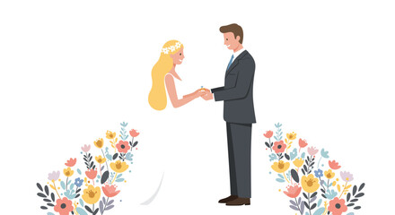 A happy couple exchanging rings during a wedding ceremony, surrounded by flowers.