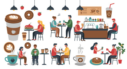 A collection of vector illustrations depicting people enjoying coffee and snacks in a modern cafe setting.