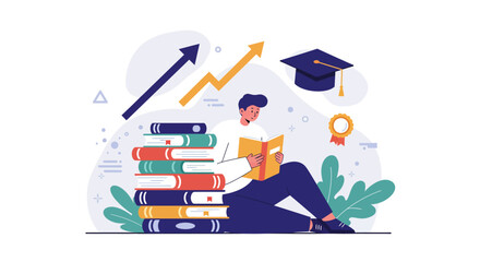 A person sitting and reading a book next to a stack of books, with graduation cap and growth charts in the background.
