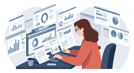 Woman analyzing data on computer with multiple charts and graphs displayed.