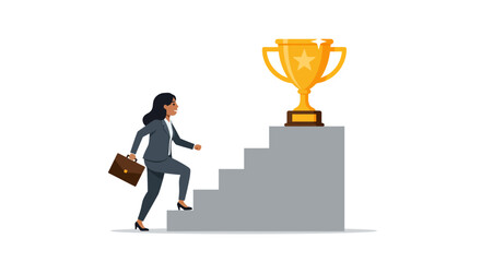 A businesswoman in a suit climbs stairs towards a golden trophy, symbolizing career advancement and achievement.