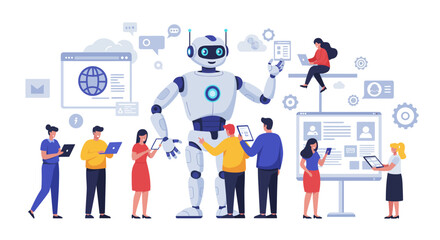Illustration of a robot surrounded by people using technology.
