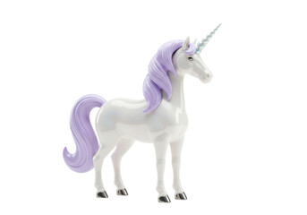 Elegant white unicorn with lavender mane isolated PNG, mythical creature with iridescent horn for fantasy and children s designs © Luke