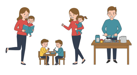Family enjoying various activities, including reading, playing, and cooking.