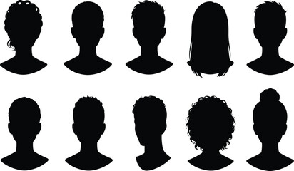 Silhouette, human head, hairstyle, profile, people, diversity, haircut, fashion, beauty, portrait, collection, design, illustration, vector, black, shape, avatar, icon, graphic, concept, style