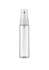 Clear spray bottle with white cap on black